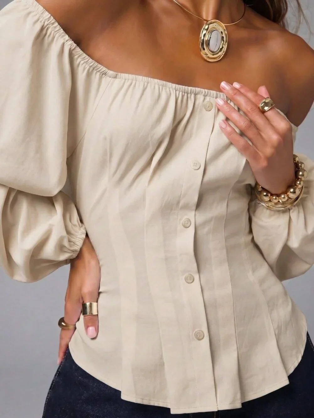 Apricot Elegant Pleated Off-Shoulder Women's Long Sleeve Balloon Top